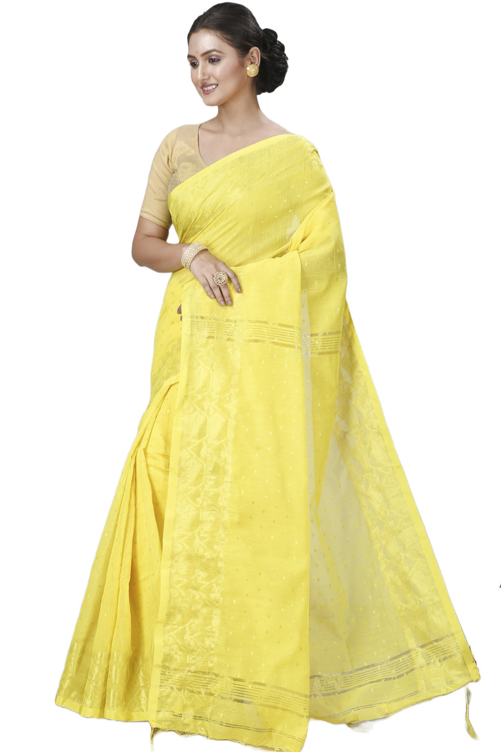 Yellow Blended Cotton Temo Hand Loom Saree (1266)