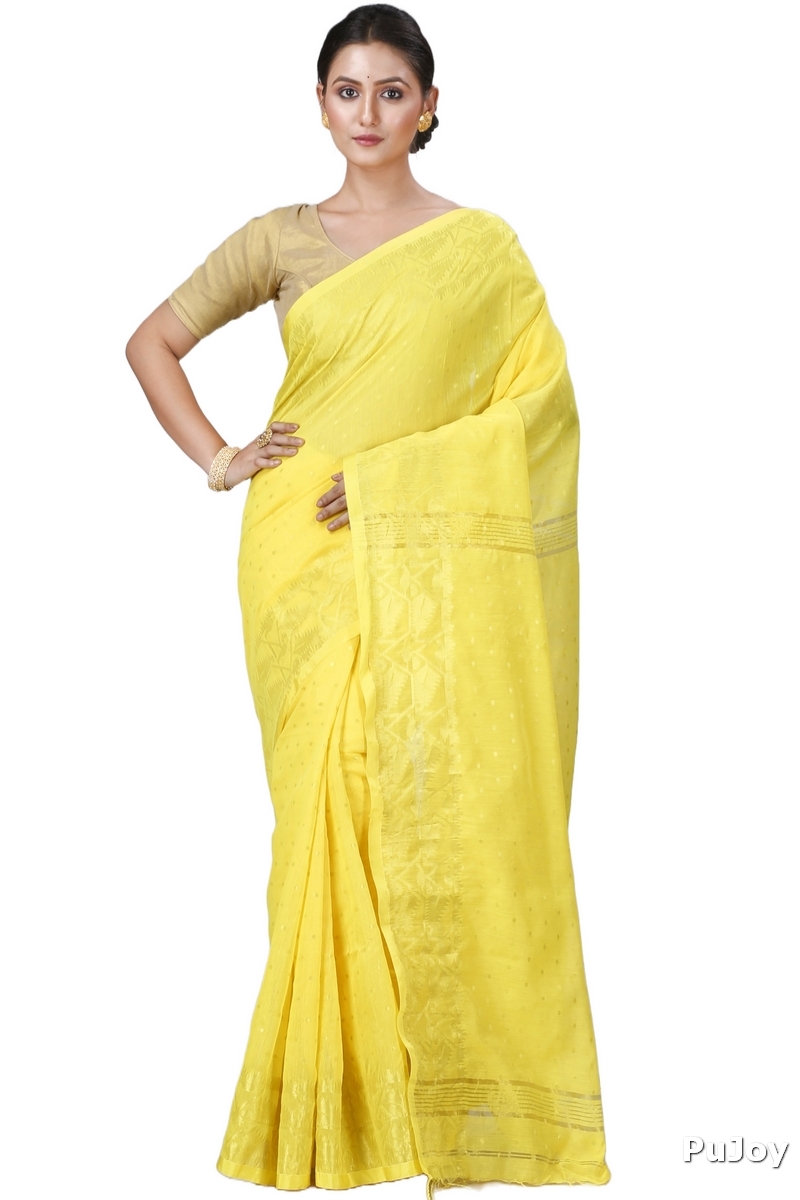 Yellow Blended Cotton Temo Hand Loom Saree (1266)