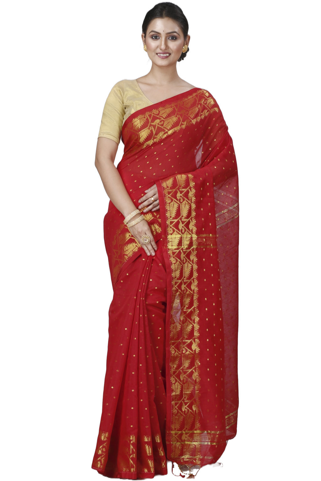 Red Blended Cotton Temo Hand Loom Saree (1267)