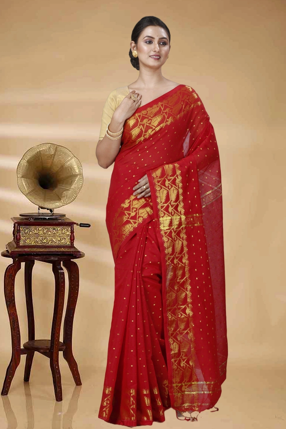 Red Blended Cotton Temo Hand Loom Saree (1267)
