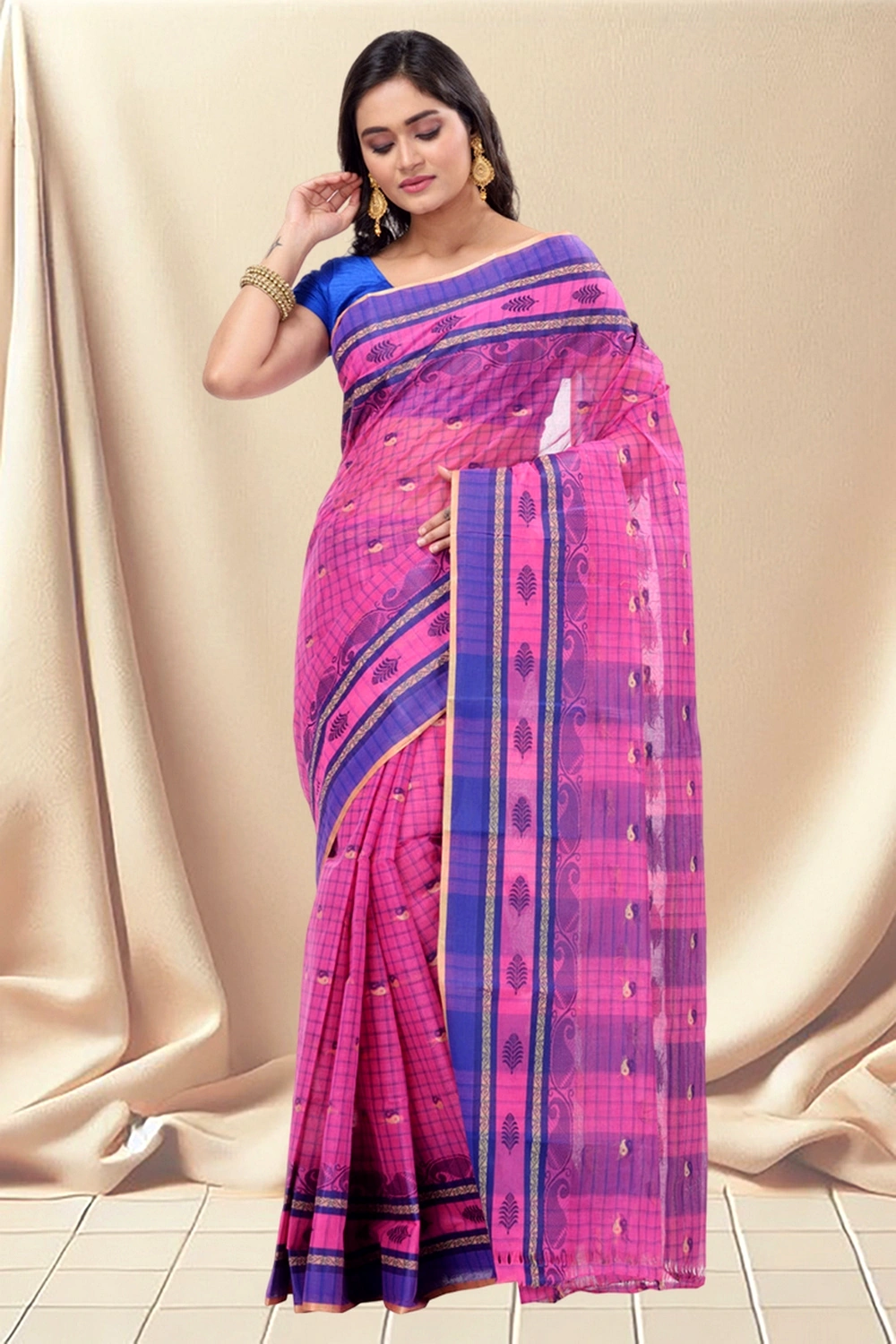 Pink Pure Cotton ChakButi Tant Saree (127)