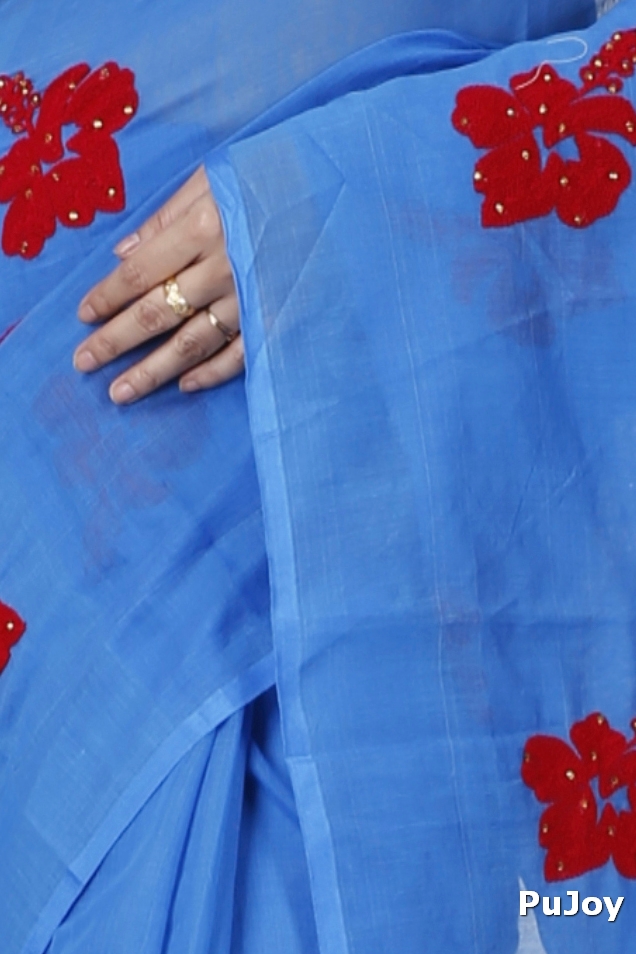 Sky Blue Blended Cotton Joba Hand Loom Saree (1273)