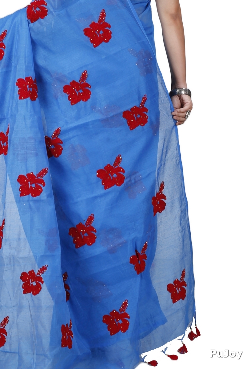 Sky Blue Blended Cotton Joba Hand Loom Saree (1273)