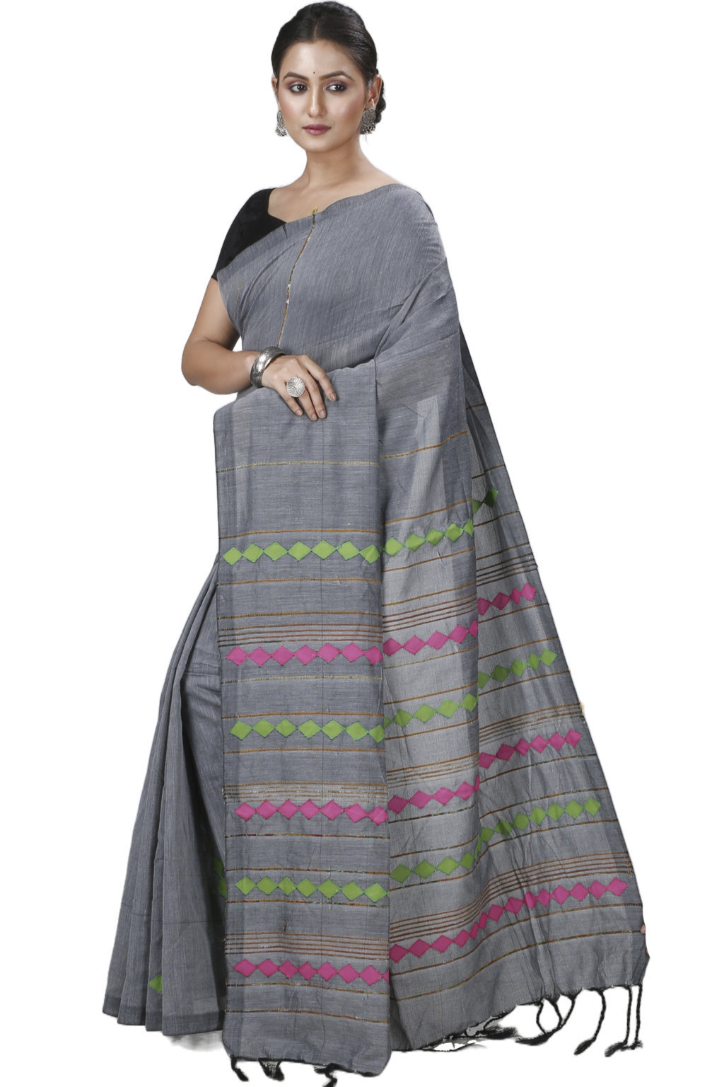 Grey Pure Cotton Tika Applique Saree (1276)