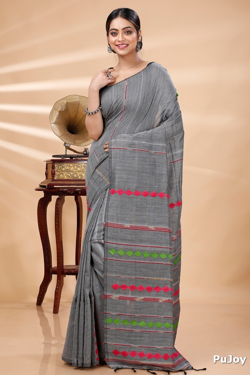 Grey Pure Cotton Tika Applique Saree (1276)