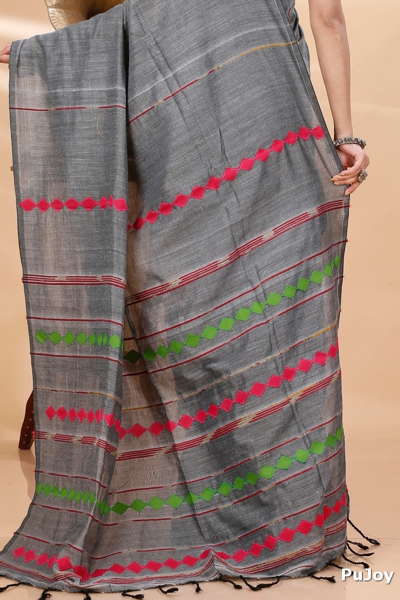 Grey Pure Cotton Tika Applique Saree (1276)