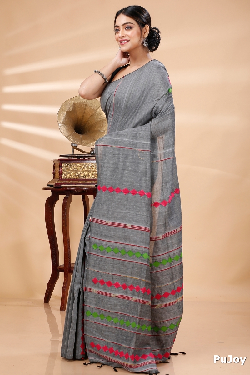 Grey Pure Cotton Tika Applique Saree (1276)