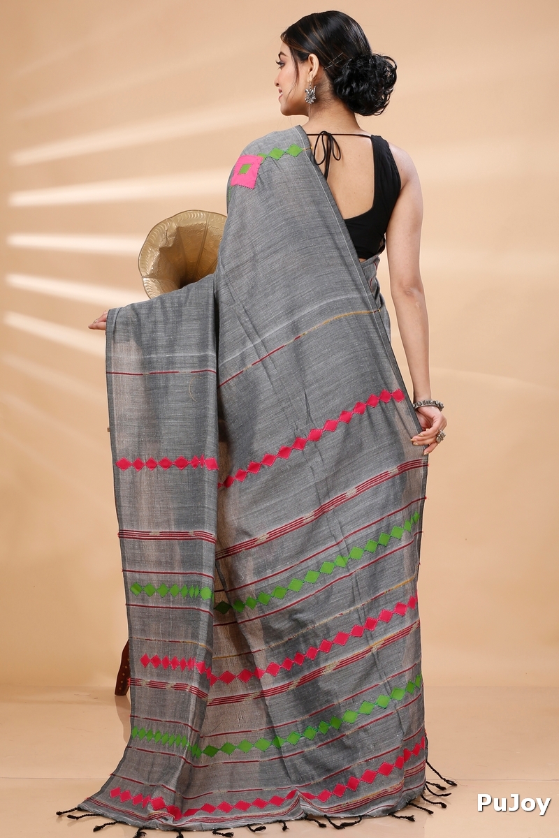 Grey Pure Cotton Tika Applique Saree (1276)