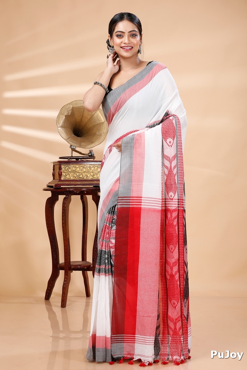 White Red Pure Cotton Marine Hand Loom Saree (1277)