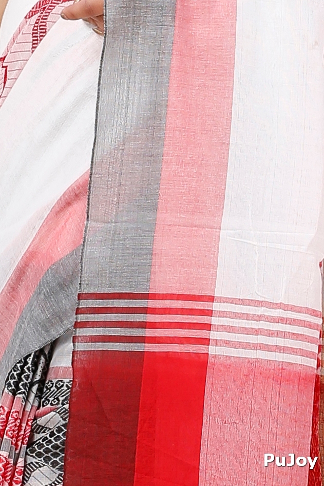 White Red Pure Cotton Marine Hand Loom Saree (1277)