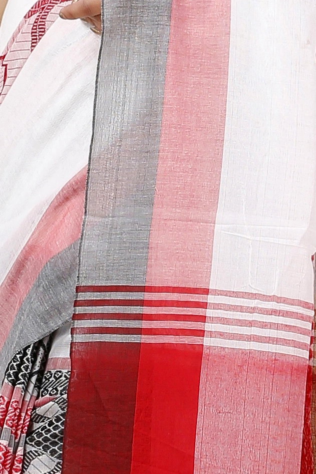 White Red Pure Cotton Marine Hand Loom Saree (1277)