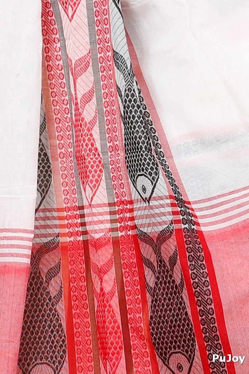 White Red Pure Cotton Marine Hand Loom Saree (1277)