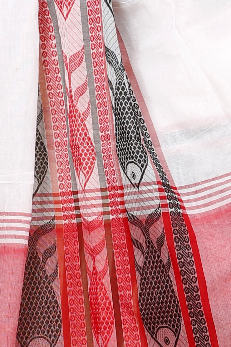 White Red Pure Cotton Marine Hand Loom Saree (1277)
