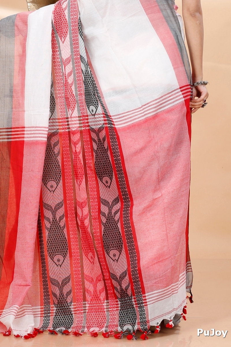 White Red Pure Cotton Marine Hand Loom Saree (1277)