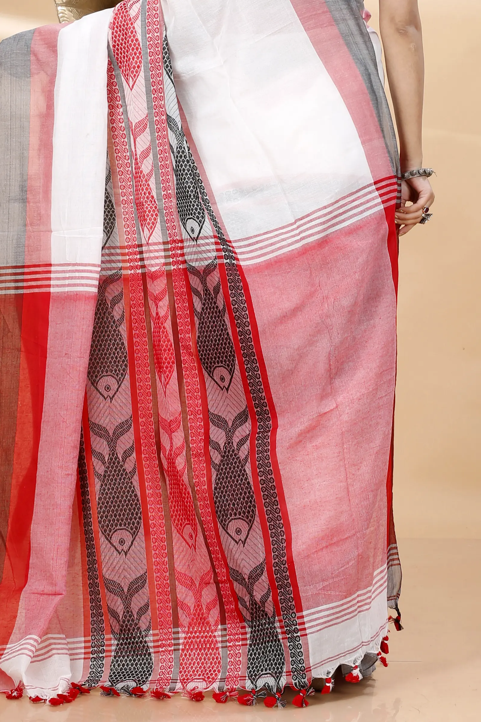 White Red Pure Cotton Marine Hand Loom Saree (1277)