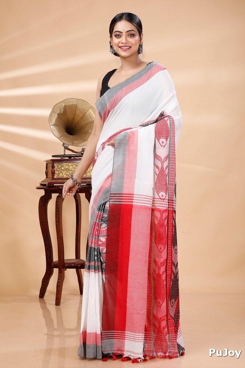 White Red Pure Cotton Marine Hand Loom Saree (1277)