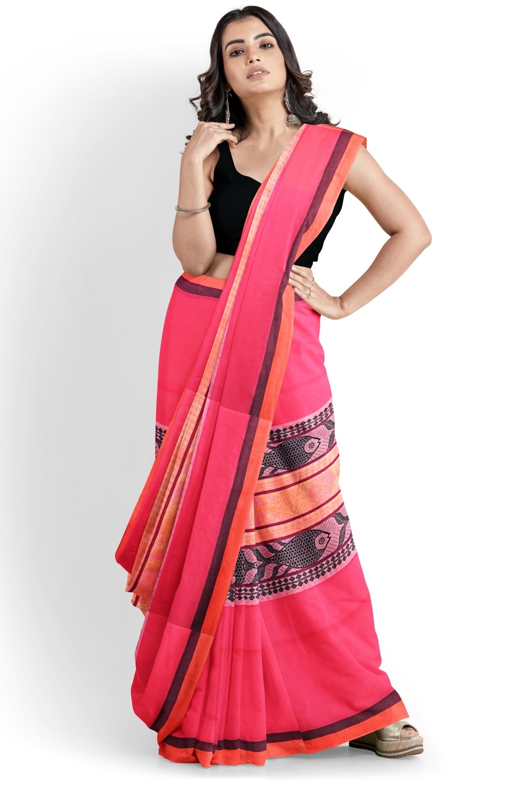 Pink Orange Pure Cotton Marine Hand Loom Saree (1278)