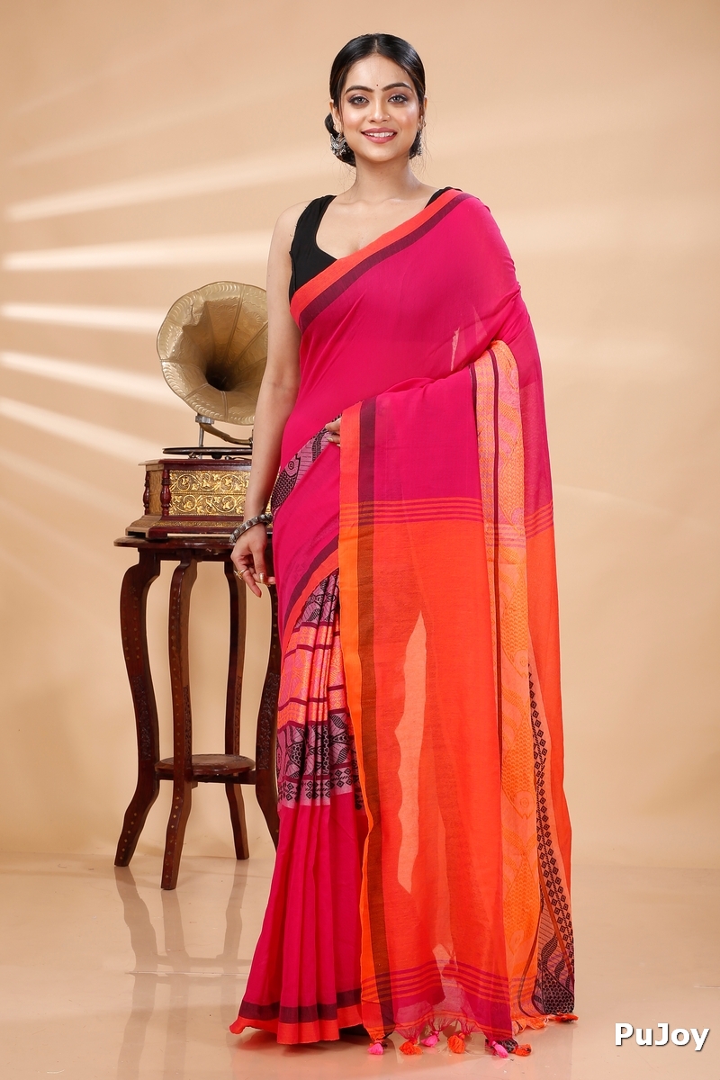 Pink Orange Pure Cotton Marine Hand Loom Saree (1278)