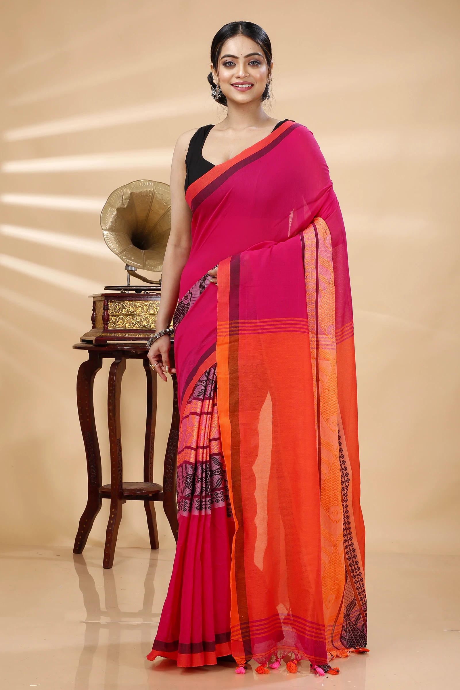 Pink Orange Pure Cotton Marine Hand Loom Saree (1278)
