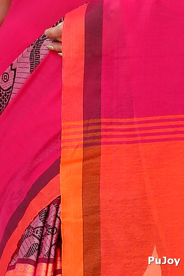 Pink Orange Pure Cotton Marine Hand Loom Saree (1278)