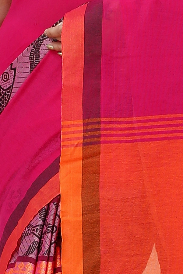 Pink Orange Pure Cotton Marine Hand Loom Saree (1278)