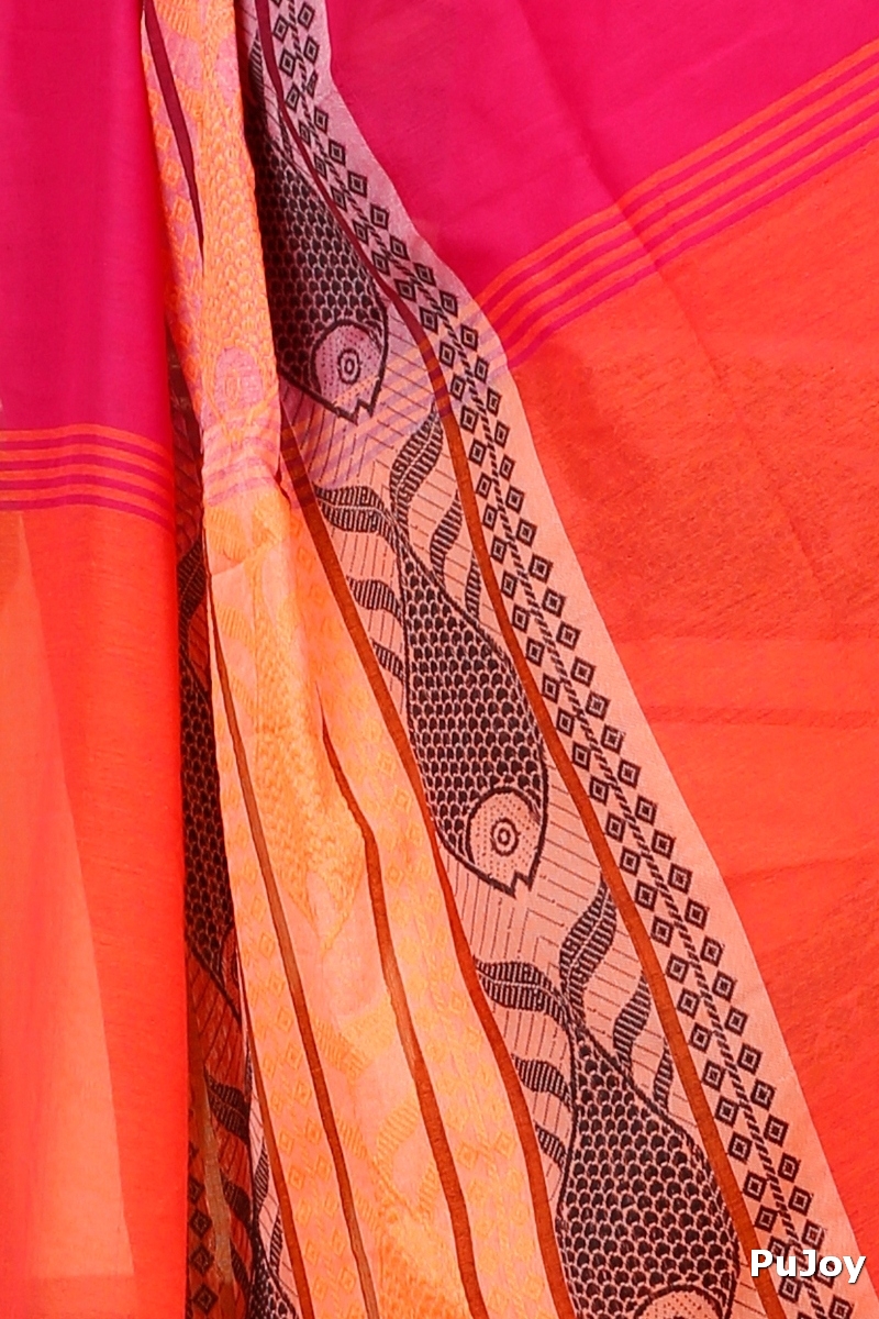 Pink Orange Pure Cotton Marine Hand Loom Saree (1278)