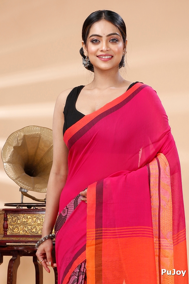 Pink Orange Pure Cotton Marine Hand Loom Saree (1278)