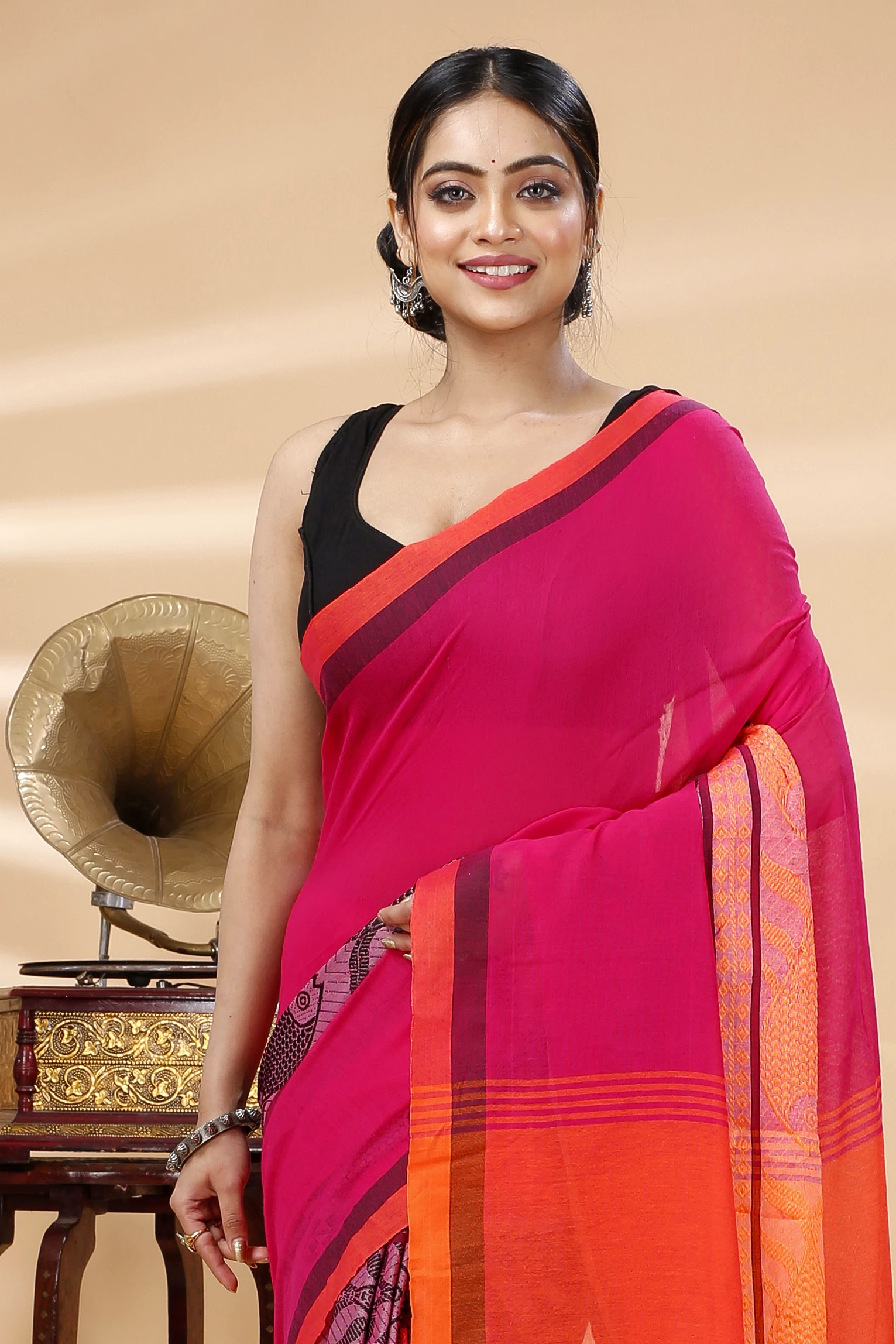 Pink Orange Pure Cotton Marine Hand Loom Saree (1278)