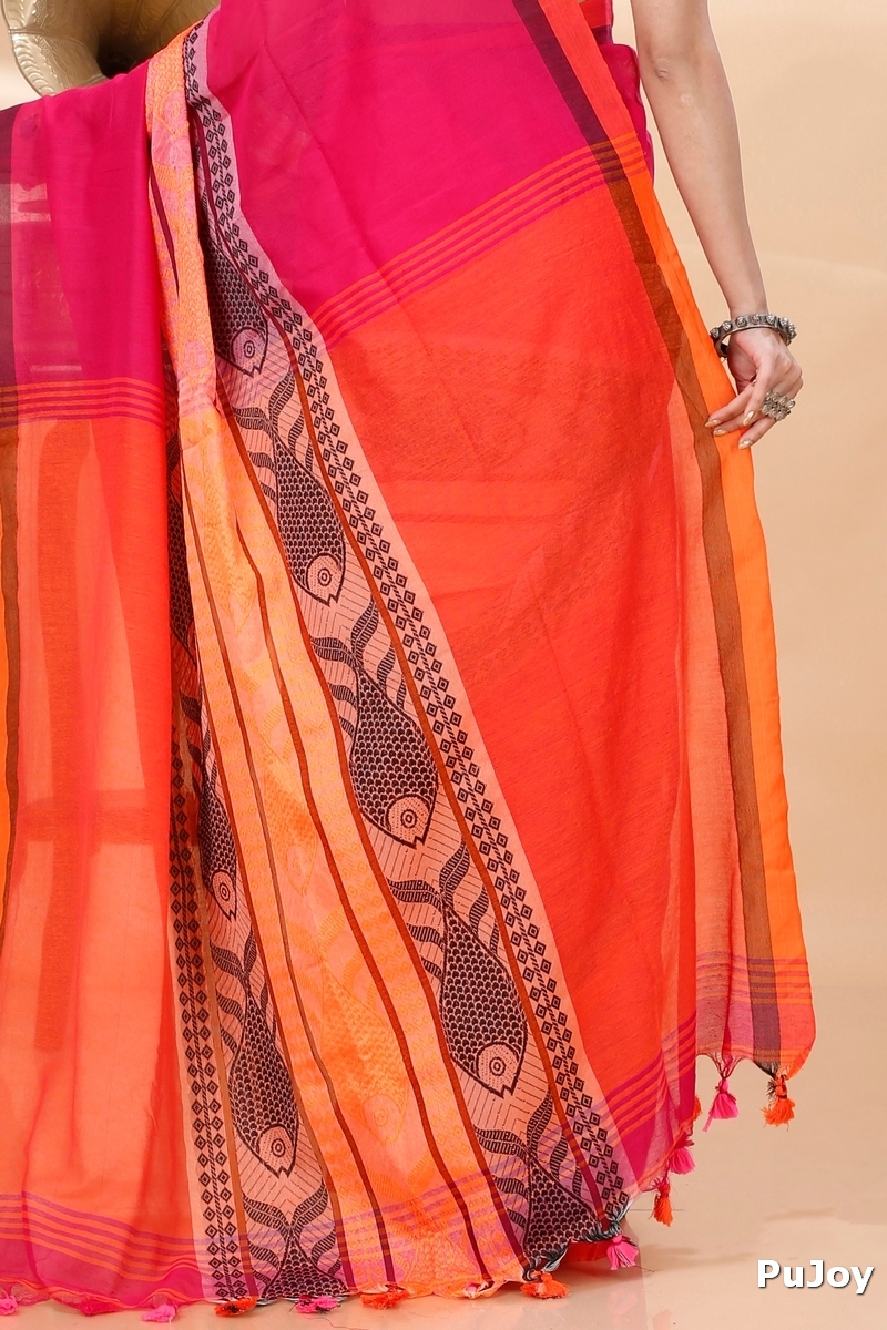 Pink Orange Pure Cotton Marine Hand Loom Saree (1278)