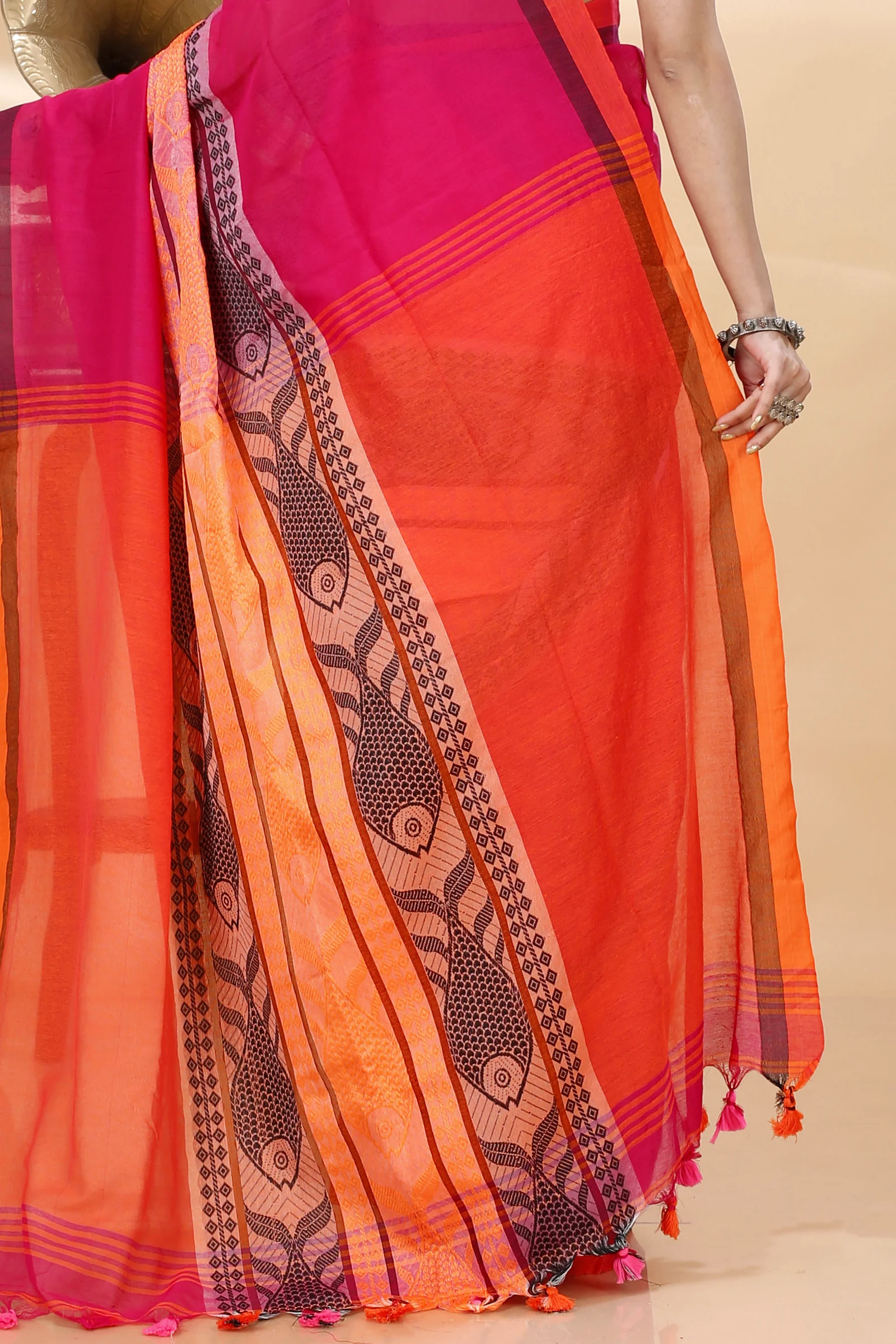 Pink Orange Pure Cotton Marine Hand Loom Saree (1278)
