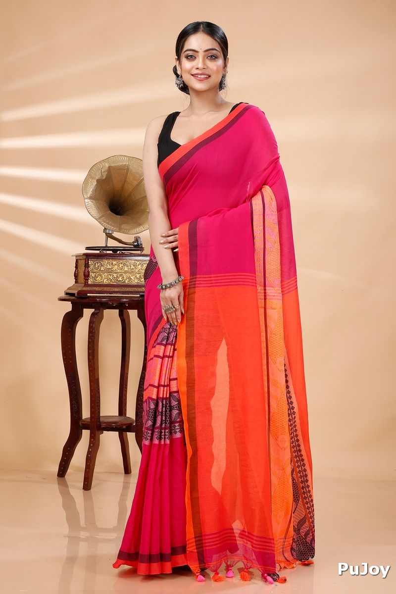 Pink Orange Pure Cotton Marine Hand Loom Saree (1278)