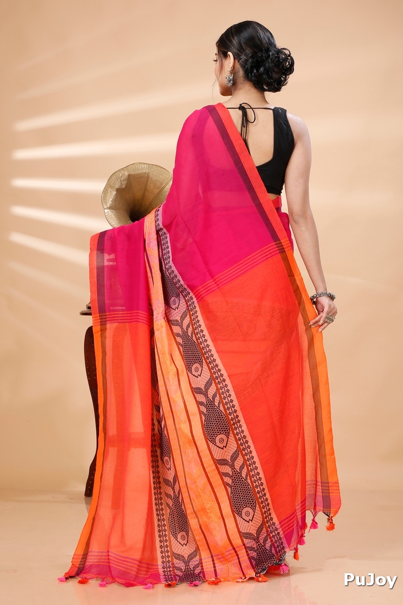 Pink Orange Pure Cotton Marine Hand Loom Saree (1278)