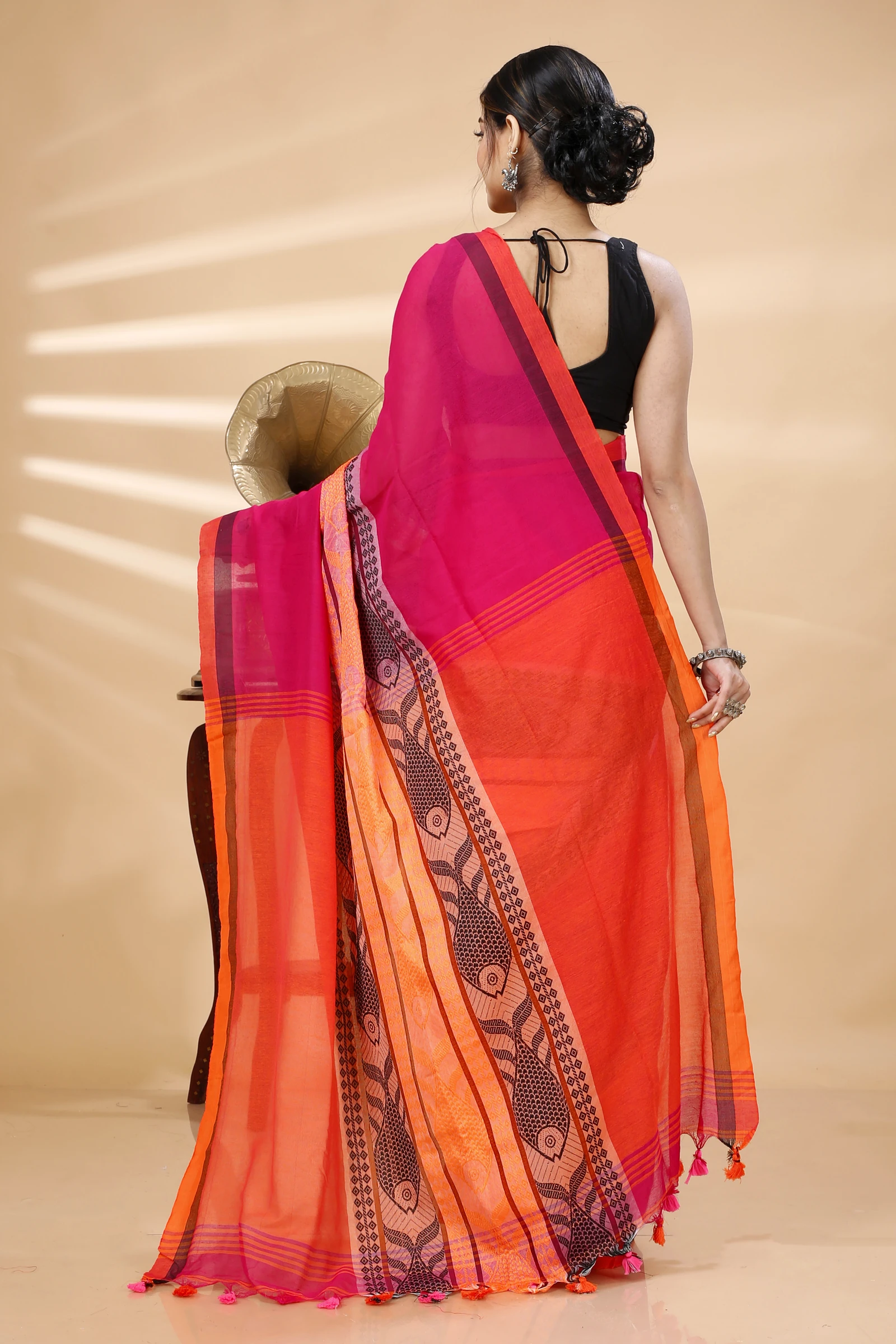 Pink Orange Pure Cotton Marine Hand Loom Saree (1278)