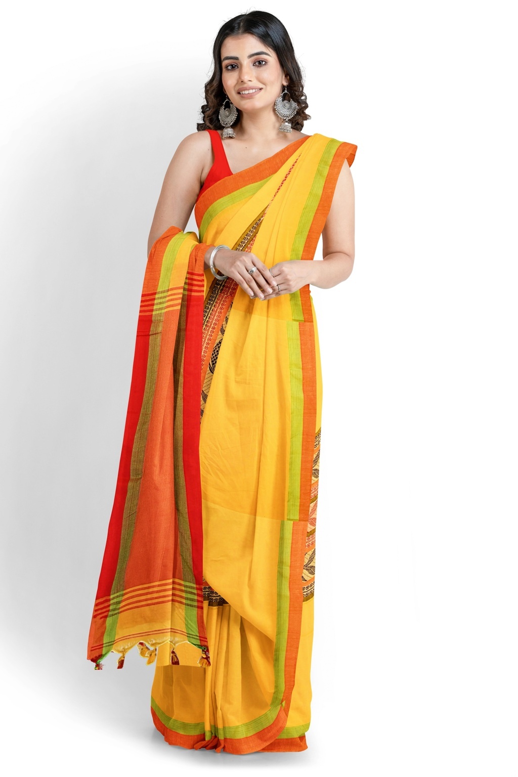 Yellow Red Pure Cotton Marine Hand Loom Saree (1279)