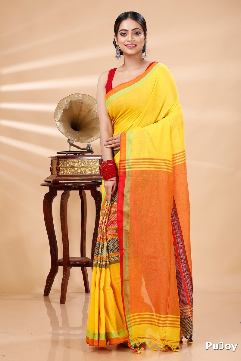 Yellow Red Pure Cotton Marine Hand Loom Saree (1279)
