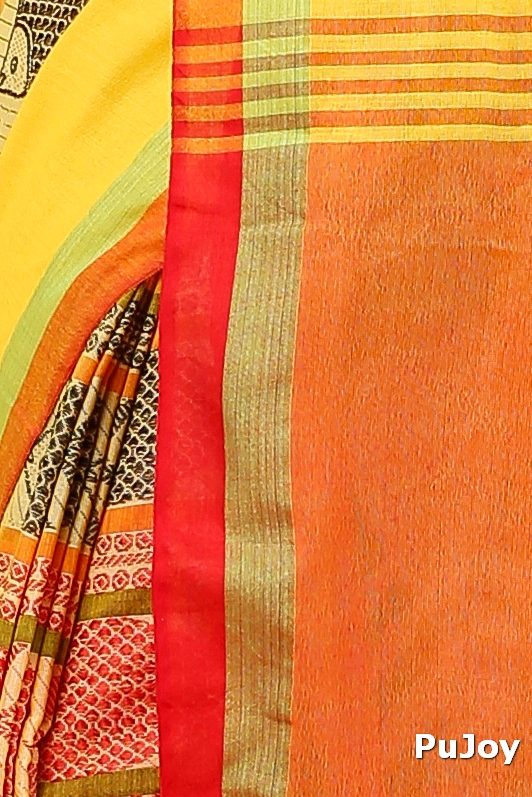 Yellow Red Pure Cotton Marine Hand Loom Saree (1279)
