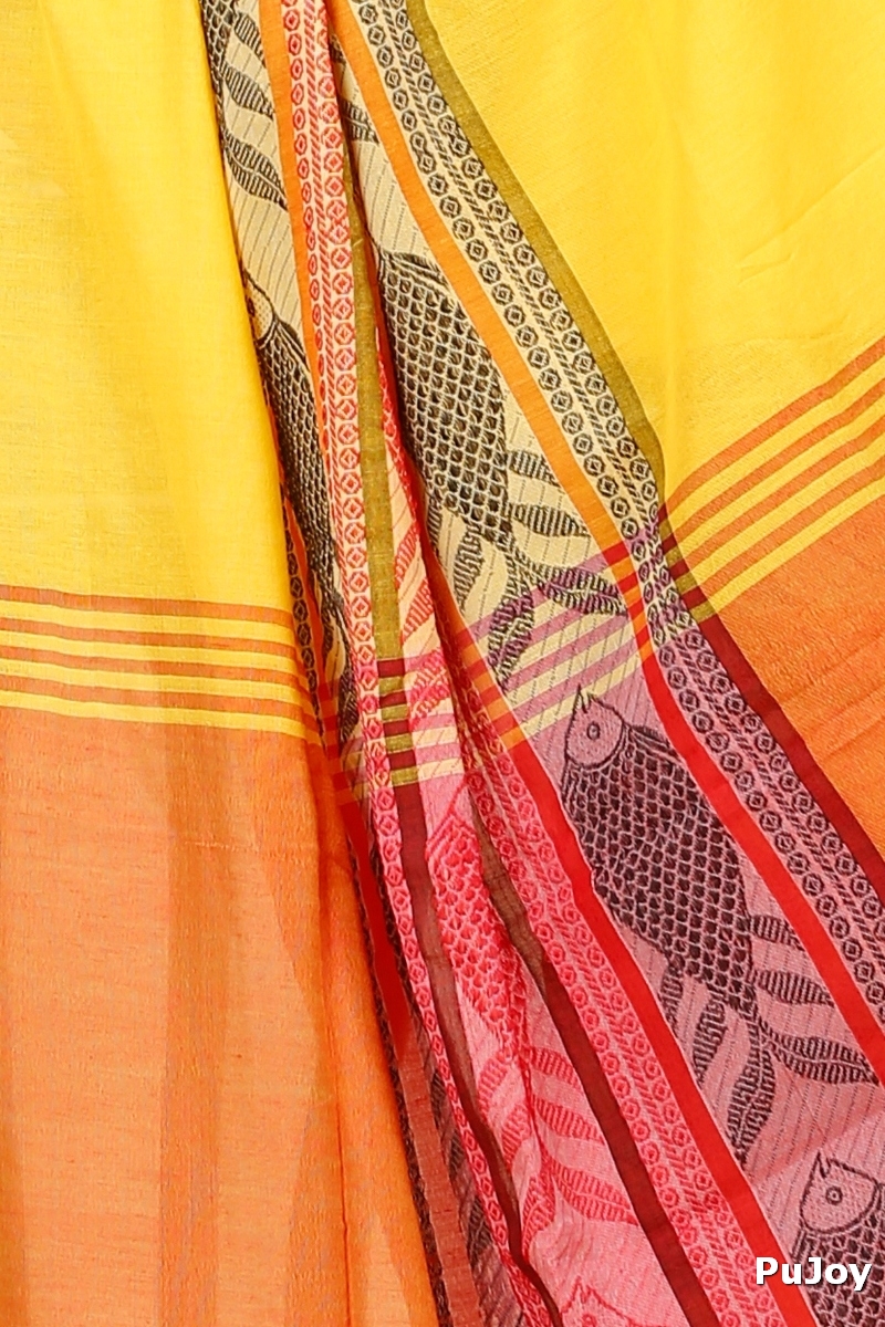 Yellow Red Pure Cotton Marine Hand Loom Saree (1279)