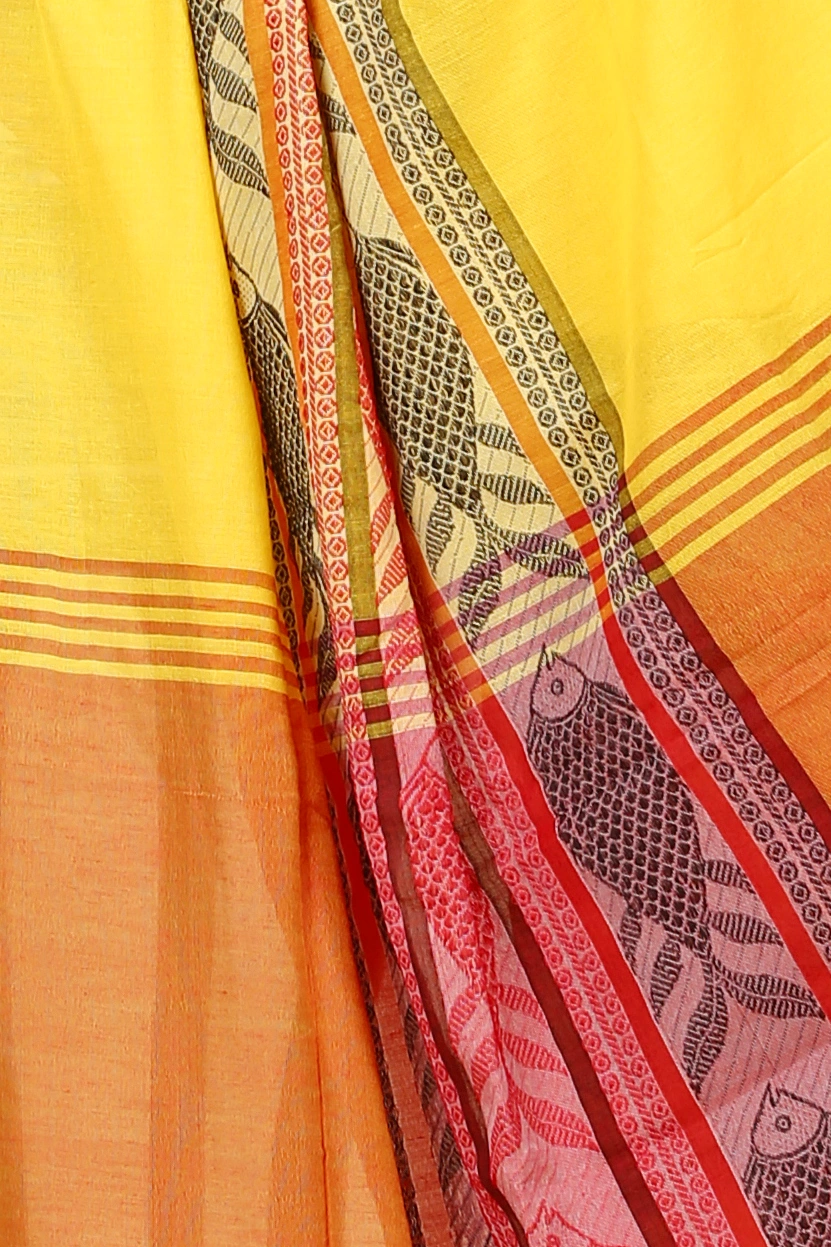 Yellow Red Pure Cotton Marine Hand Loom Saree (1279)