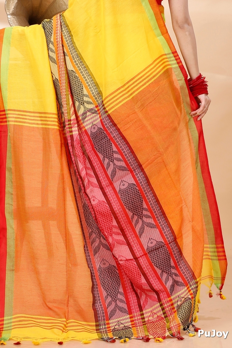 Yellow Red Pure Cotton Marine Hand Loom Saree (1279)