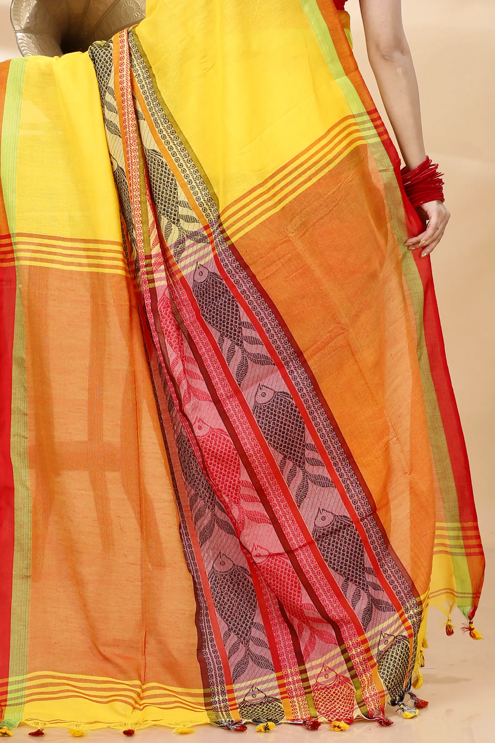 Yellow Red Pure Cotton Marine Hand Loom Saree (1279)