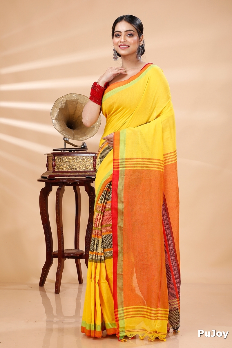 Yellow Red Pure Cotton Marine Hand Loom Saree (1279)