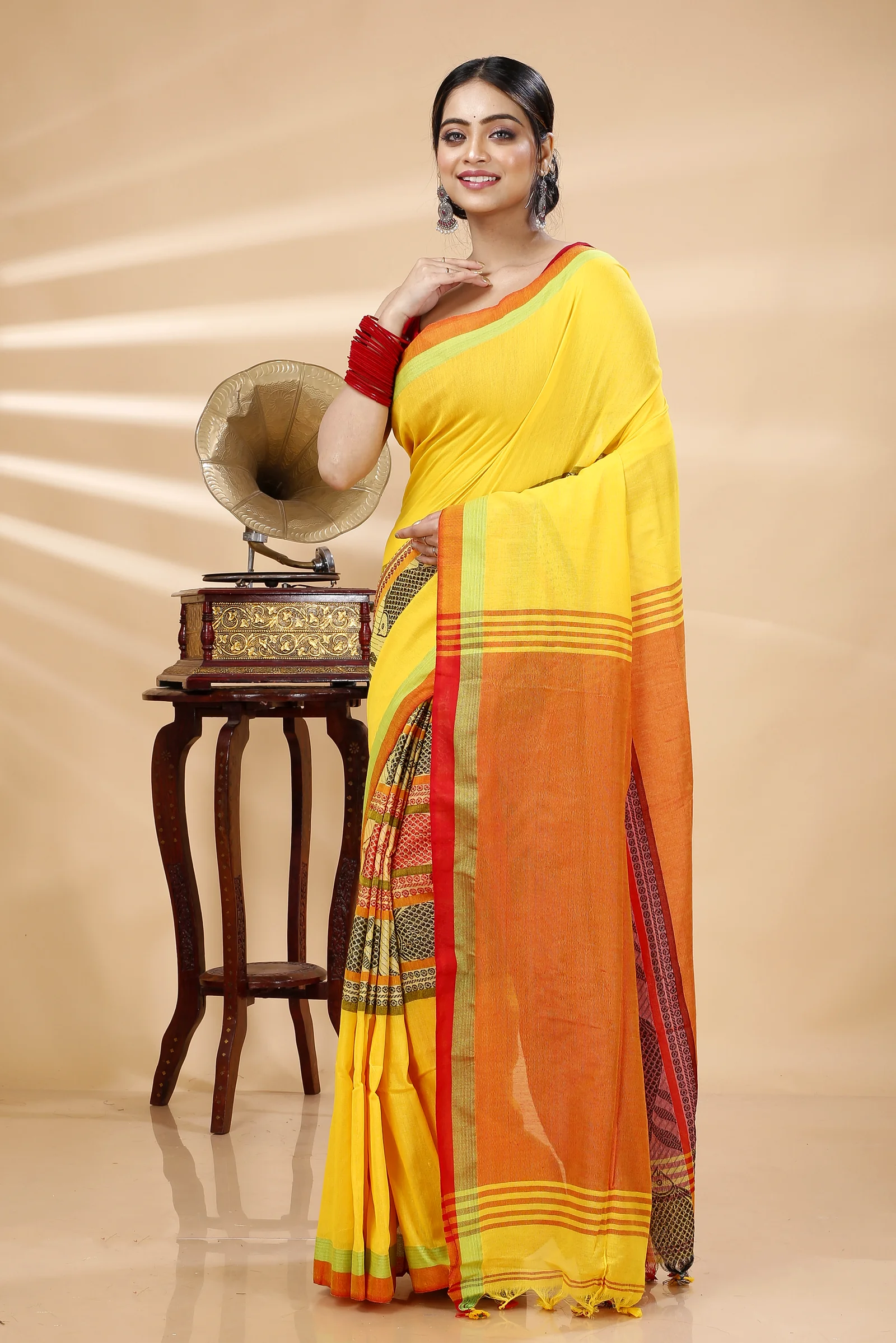 Yellow Red Pure Cotton Marine Hand Loom Saree (1279)