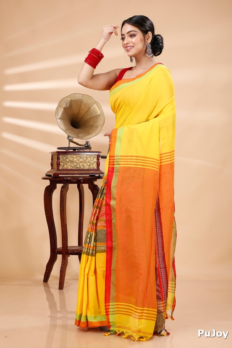 Yellow Red Pure Cotton Marine Hand Loom Saree (1279)