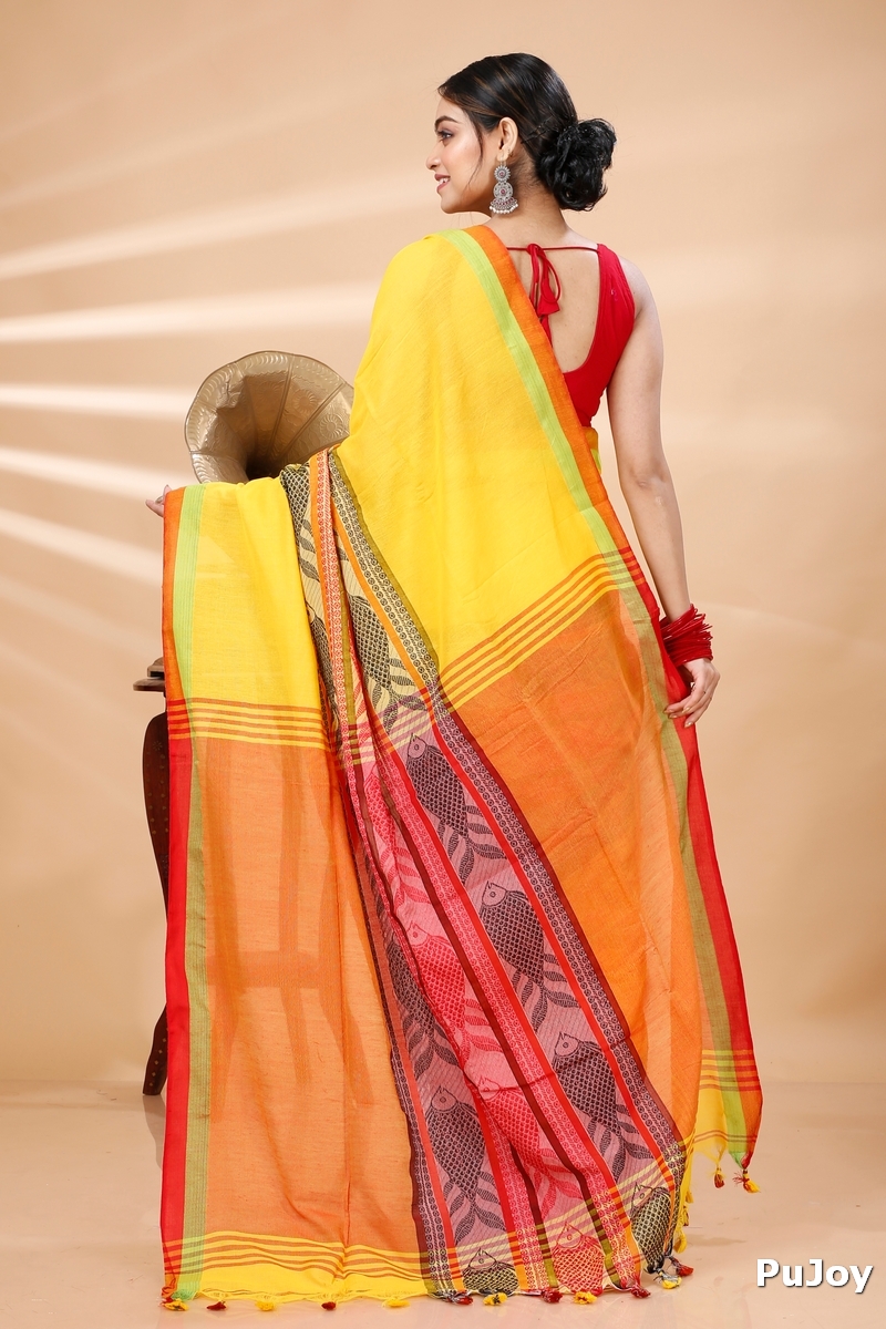 Yellow Red Pure Cotton Marine Hand Loom Saree (1279)