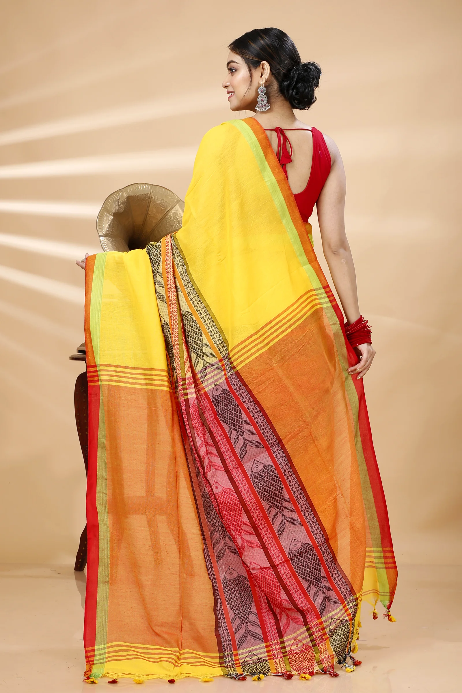 Yellow Red Pure Cotton Marine Hand Loom Saree (1279)