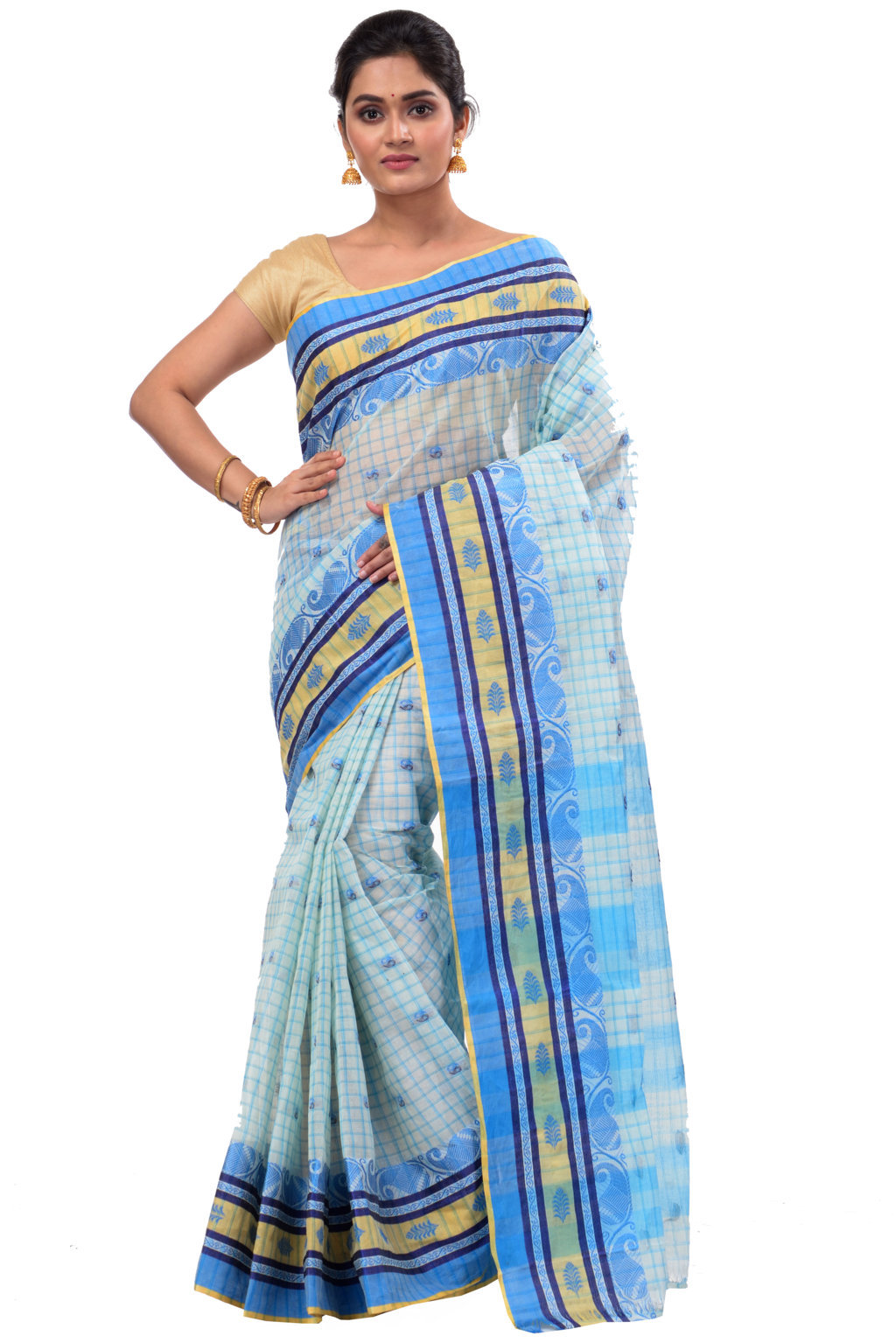 Off-White Pure Cotton ChakButi Tant Saree (128)