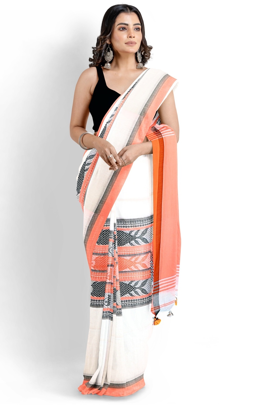 White Orange Pure Cotton Marine Hand Loom Saree (1280)