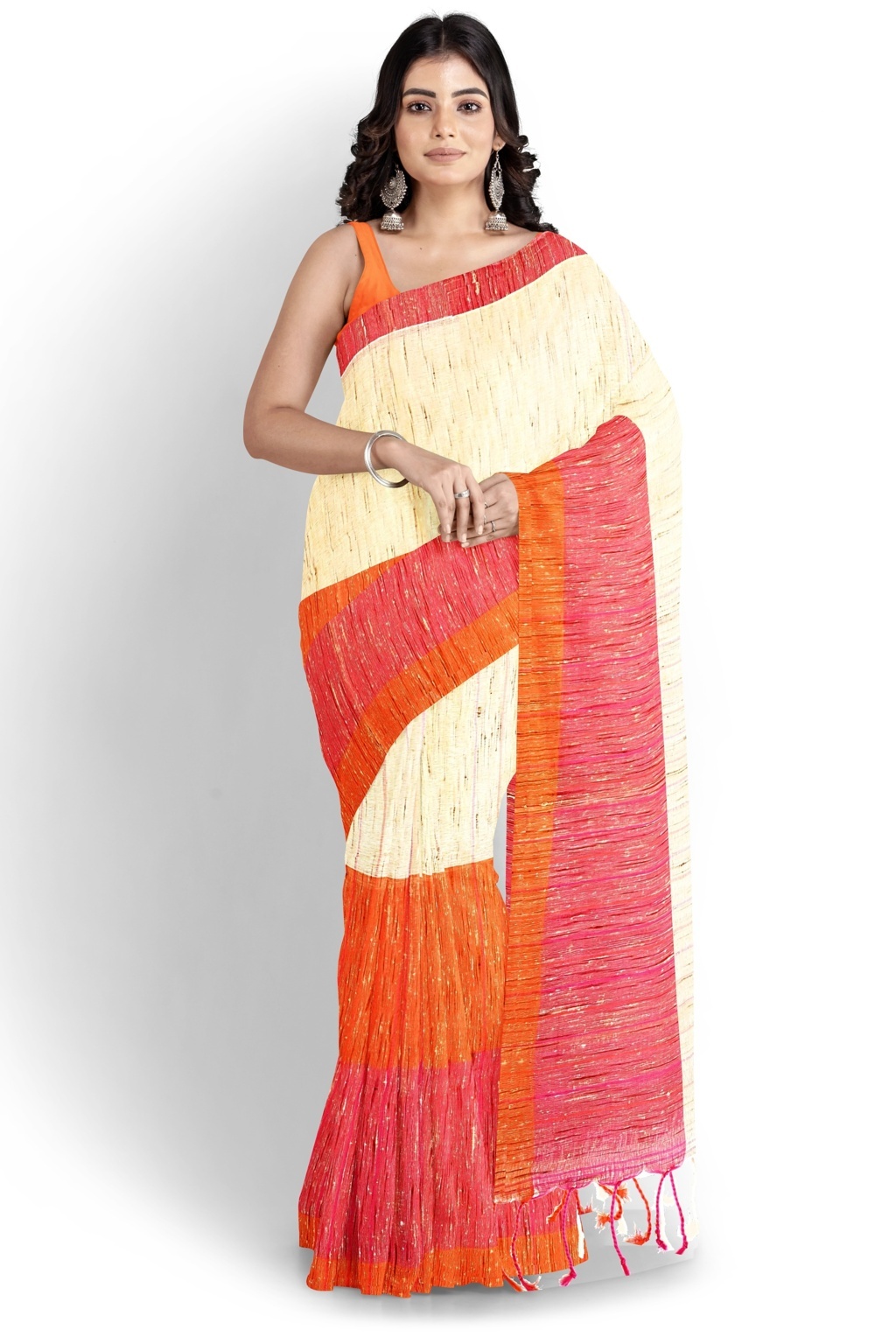 Orange White Pure Cotton Kusu Hand Loom Saree (1281)
