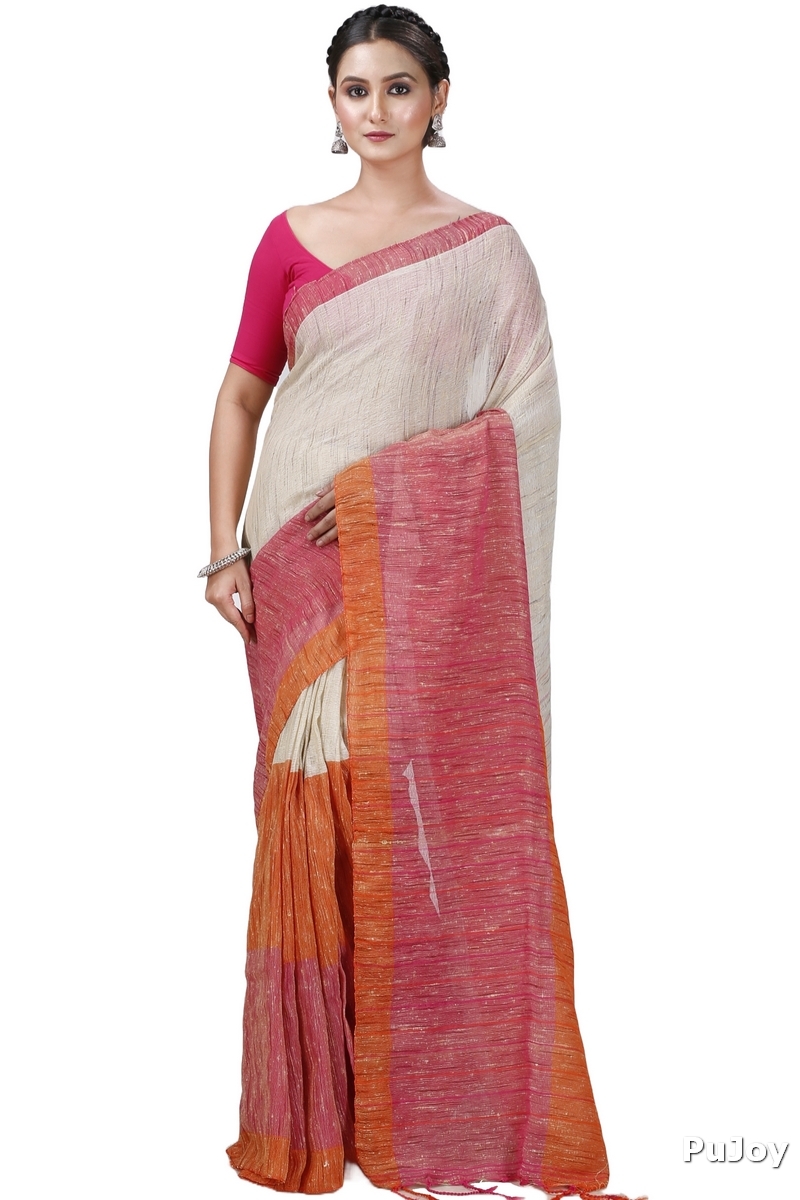 Orange White Pure Cotton Kusu Hand Loom Saree (1281)