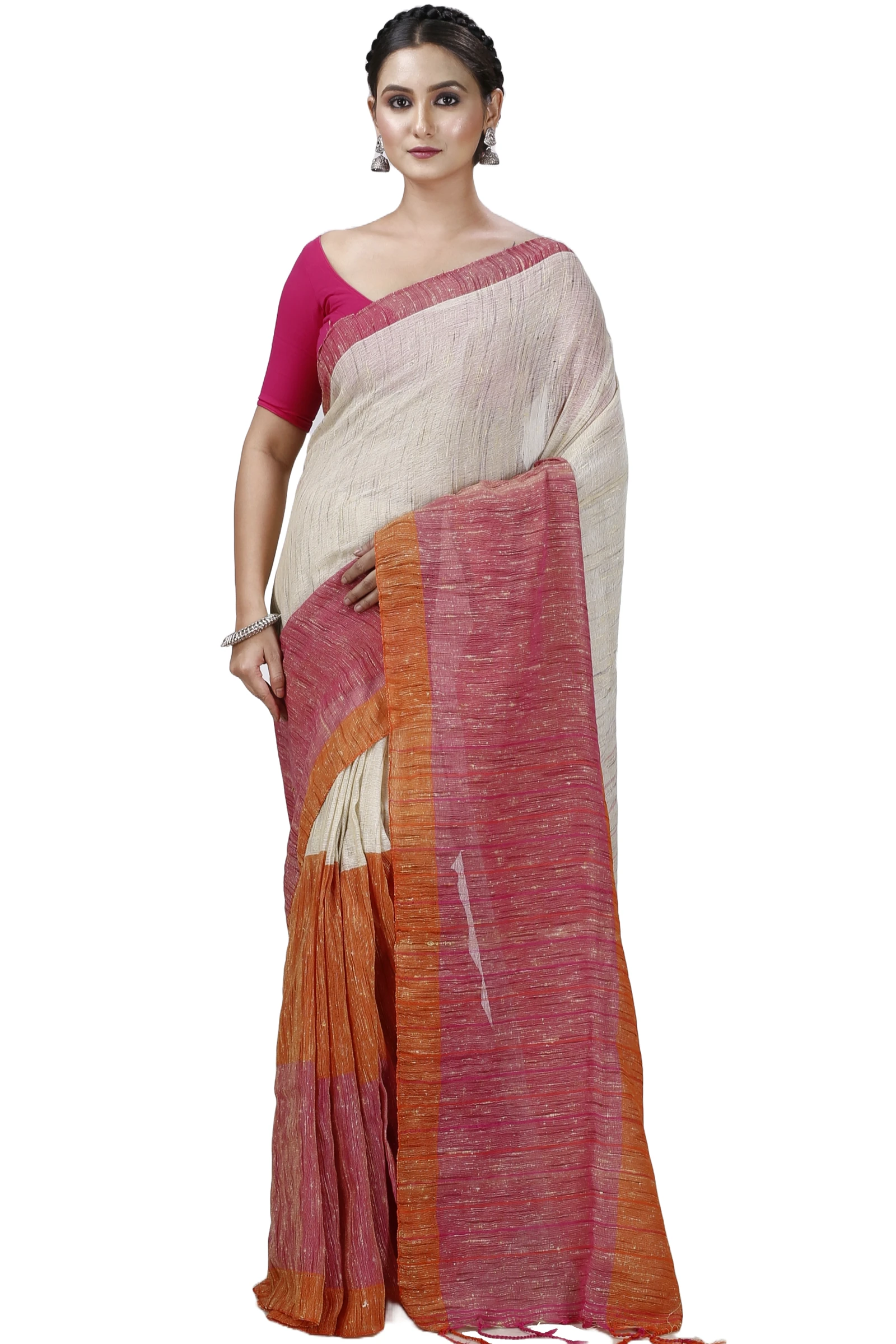 Orange White Pure Cotton Kusu Hand Loom Saree (1281)
